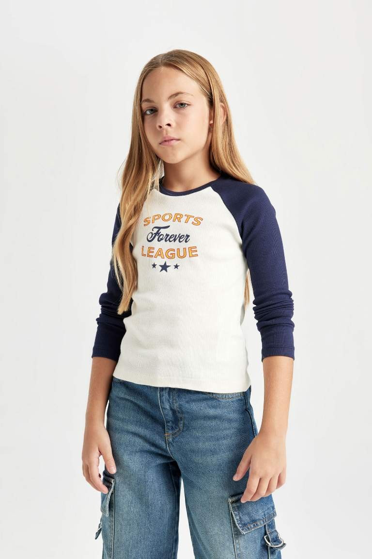 Girl Crew Neck Printed Ribbed Crop T-Shirt