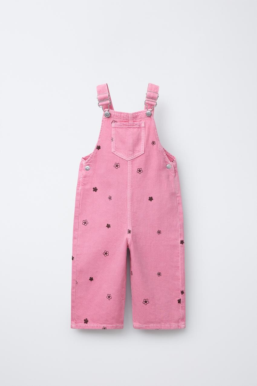 TWILL DUNGAREES WITH EMBROIDERED FLOWERS